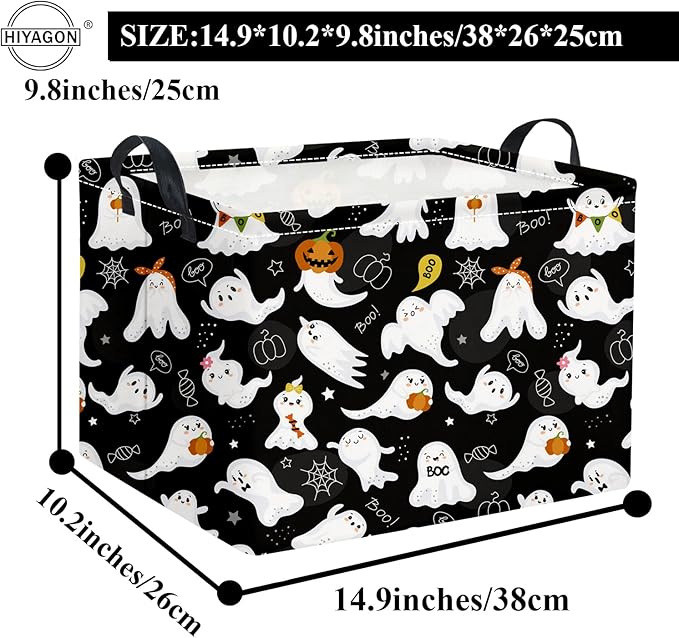 HIYAGON Rectangular Halloween Basket for Boys and Girls Kids Trick or Treat Pumpkin Basket for Halloween Parties Cute Storage Bin Organizer Box Room Decor(Black ghost)-BubblyBeeBaby
