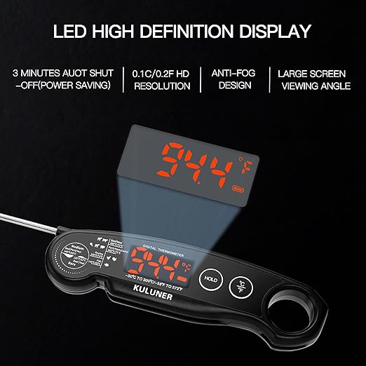 1-Second Rapid and Accurate Meat Thermometer - Waterproof Multifunctional Kitchen Food Thermometer, Ideal for Frying, Smoking, Grilling and More (Black)-BubblyBeeBaby