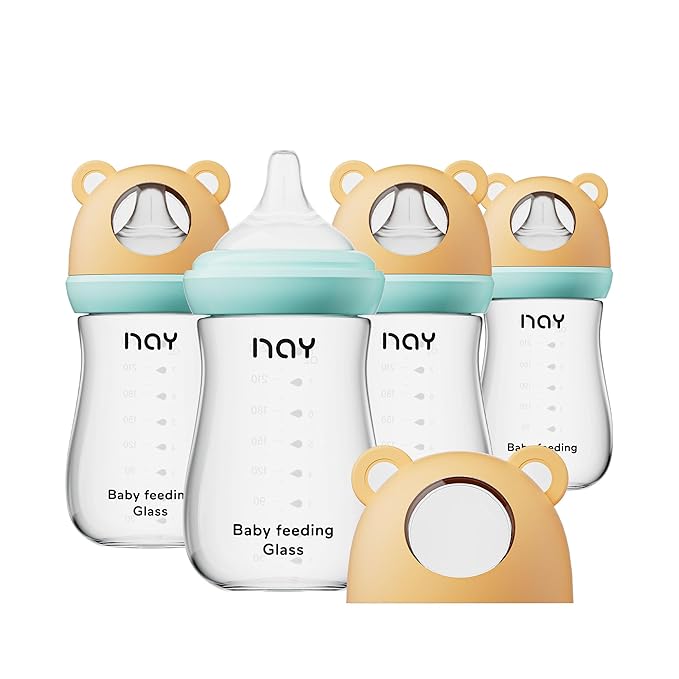 Natural Glass Baby Bottle for Breastfeeding Babies, 8oz Anti-Colic Baby Bottle with Natural Response Nipple(M), Clear, Wide Neck, 4 Pack, 3 Months+-BubblyBeeBaby