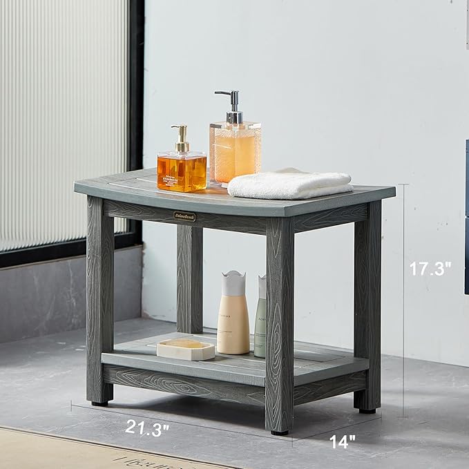 Heavy Duty Shower Bench for Inside Shower Waterproof, Large HDPS Bath Stool for Shaving Legs, Gray Poly Lumber Foot Stool, Plastic Bathroom Bench Seat with Storage Shelf, Outdoor/Indoor Use-BubblyBeeBaby