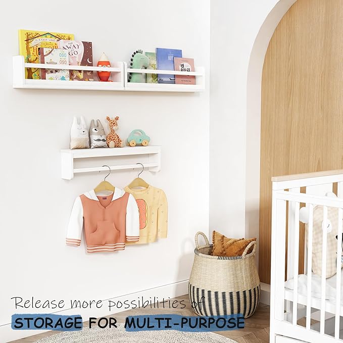 24 Inch White Wall Bookshelf for Kids Room, Floating Nursery Book Shelves Wall Mounted with Lip and Hanging Rod for Baby Girl Boy Bedroom, Large Corner Hanging Children Bookshelves -Set of 3-BubblyBeeBaby