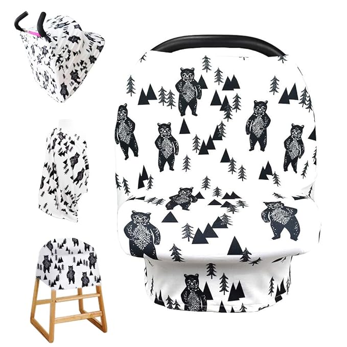 Stretchy Baby Car Seat Cover for Baby Boys and Girls,Multiuse - Nursing Breastfeeding Covers,Shopping Cart/High Chair/Stroller Covers,Infinity Scarf,Car Seat Canopies(Ink Bear)-BubblyBeeBaby