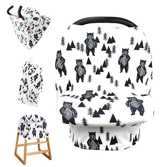 Stretchy Baby Car Seat Cover for Baby Boys and Girls,Multiuse - Nursing Breastfeeding Covers,Shopping Cart/High Chair/Stroller Covers,Infinity Scarf,Car Seat Canopies(Ink Bear)-BubblyBeeBaby
