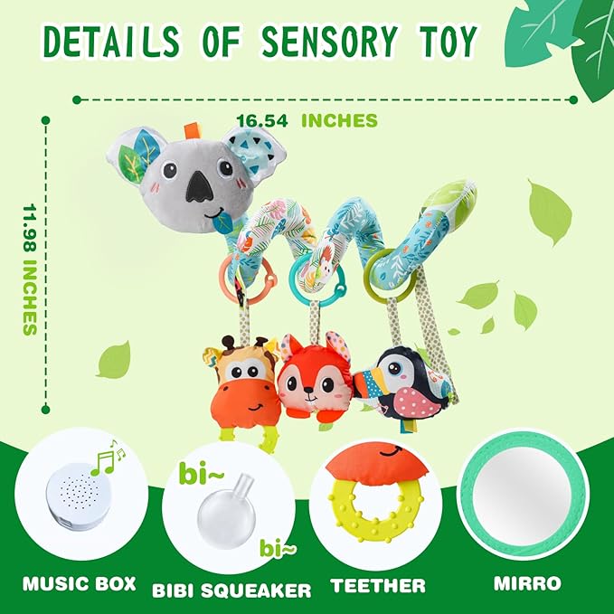 Jollybaby Crib Stroller Car Seat Toys for Baby 0-3-6-9-12 Months, Tummy Time Hanging Sensory Toys for Newborn with Music Box and Teether, Spiral Carseat Toy for Infant Boys Girls Gifts (Grey)-BubblyBeeBaby