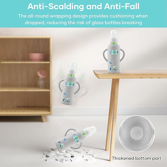 2 Pack Silicone Sleeves for Dr. Brown's Glass Baby Bottles, Anti Breakage Durable Baby Bottle Holder with Easy Grip Handles, Narrow Sleeve with a Cutout, Dishwasher/Freezer/Microwave Safe, 8 oz-BubblyBeeBaby