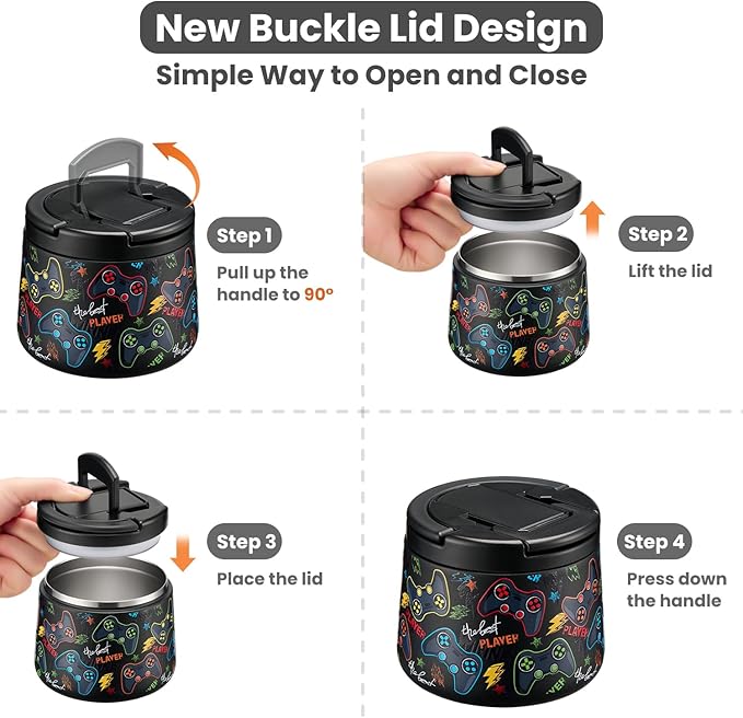 14oz Insulated Vacuum Food Jar with Buckle Lid,Soup Thermo for Hot Food Kids,Wide Mouth Leakproof Stainless Steel Lunch Container with Spoon-Black Game-BubblyBeeBaby