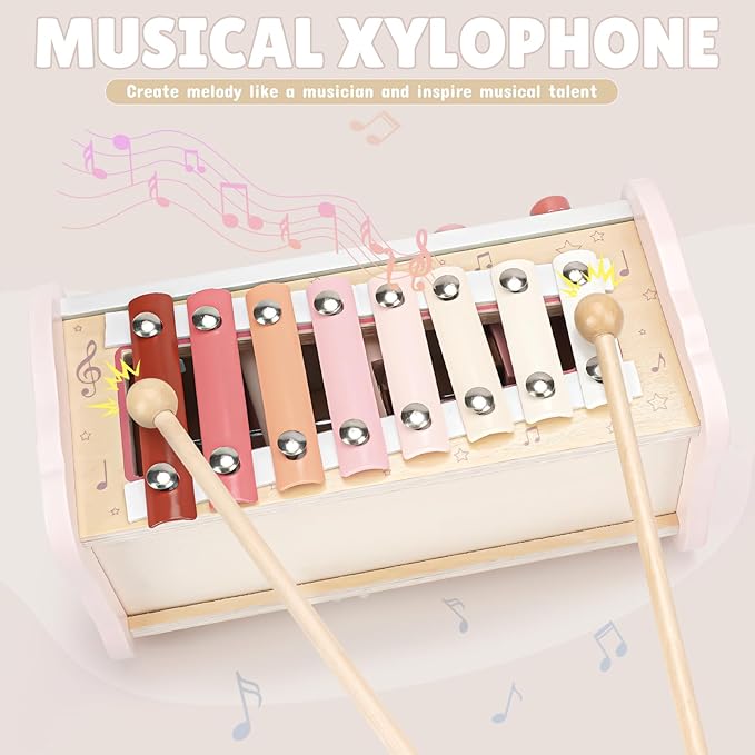 Joyreal Montessori Toys for 1 Year Old Girl Gift - Pink Wooden Hammering Pounding Toy with Xylophone & Fishing Game - Toddler Learning Activities for Kids 1+ 2 3 Year Old Christmas Birthday Gifts-BubblyBeeBaby