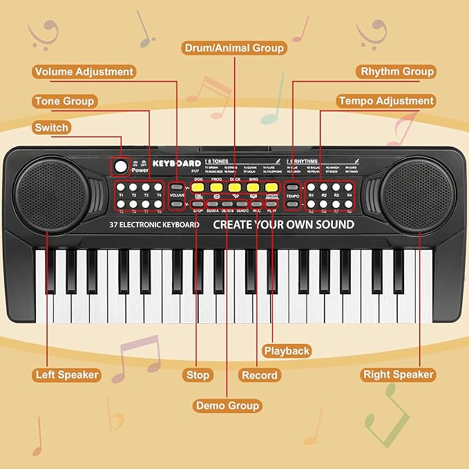 Kid Keyboard Piano - 37 Keys Piano Toys for Kids Beginners Electronic Pianos with Microphone Educational Musical Toy for 3 4 5 6 7 8 Year Old Boys Girls Gift-BubblyBeeBaby