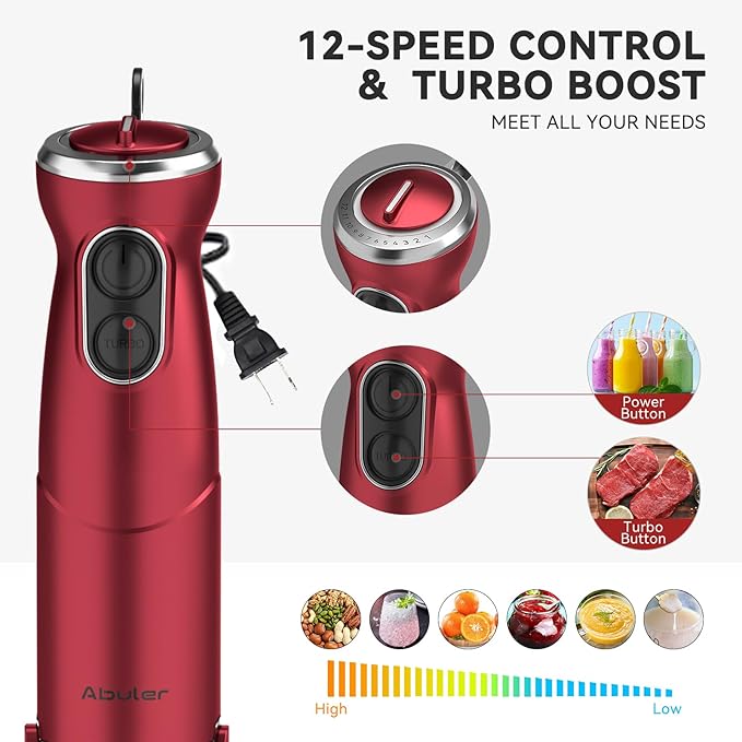 Immersion Blender 5 in 1 Hand Blender, Abuler 1000W Hand Mixer Stick,12 Speed Handheld Blender 304 Stainless Steel with 600ml Mixing Beaker, 500ml Chopper, Whisk and Milk Frother for Soup, Baby Food-BubblyBeeBaby