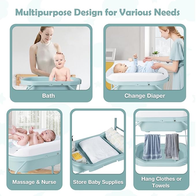HONEY JOY Baby Changing Table with Bathtub, Foldable Infant Diaper Changing Station with Wheels, Storage Tray, Waterproof Pad, Portable Newborn Nursery Organizer Bath Stand for Boys Girls (Blue)-BubblyBeeBaby