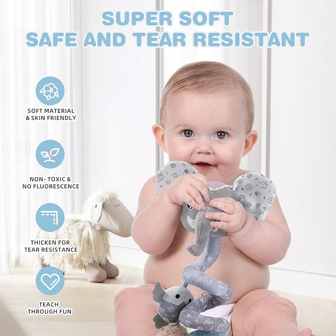 Jollybaby Baby Car Seat Stroller Toys, Plush Activity Hanging Spiral Activity Pram Crib with Music Box, Rattles, Squeaker for Babies Infant Boys Girls (SZ Gray Elephant)-BubblyBeeBaby