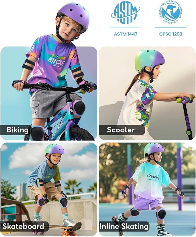 Kids Bike Helmet and Pads Set for Ages 2–14, CPSC Certified Adjustable Helmet with Knee Elbow Wrist Guards, for Skateboard, Scooter, Skating, Rollerblading, Multi-Sport Protective Gear-BubblyBeeBaby