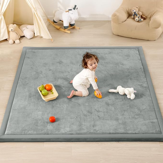 1.3" Thick Baby Play Mat for Floor, 79x79 Large Foam Tummy Time Mat, Padded Support Soft Plush Nursery Rug for Infant Kids Toddler Crawling Kick Activity (Light Grey)-BubblyBeeBaby
