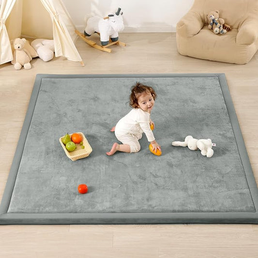 1.3" Thick Baby Play Mat for Floor, 79x79 Large Foam Tummy Time Mat, Padded Support Soft Plush Nursery Rug for Infant Kids Toddler Crawling Kick Activity (Light Grey)-BubblyBeeBaby