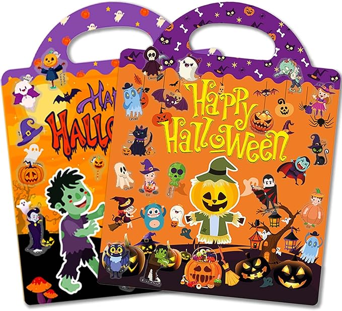 2 Set Halloween Reusable Sticker Books for Toddlers 3+, Halloween Stickers for Kids, Sticker Book for Toddlers 3+ Years, Halloweens Gifts for Kids Girls Boys-BubblyBeeBaby