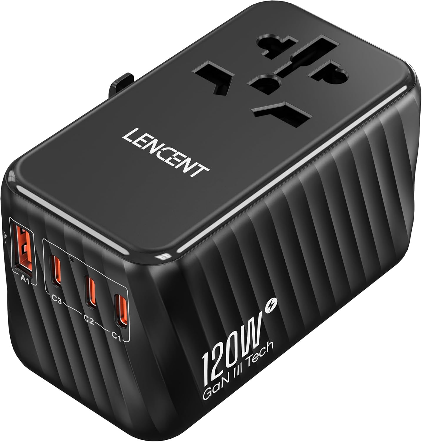 LENCENT International Travel Adapter, 120W GaN Universal Fast Charger with 3 PD3.0 Type C+1 QC USB A, All in One Power Adaptor for iPhones,Laptops, Worldwide Plug Adapter for EU/USA/UK/AU, Black