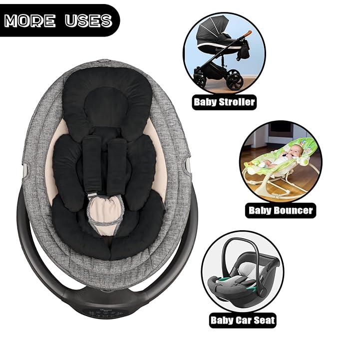 Infant Car Seat Insert Head and Body Support, GFU Reversible Newborn Insert for Carseat with Strap Pads, Soft Stroller Cushion Pillow Insert for Boys and Girls, Fits for Stroller, Swing, Black-BubblyBeeBaby