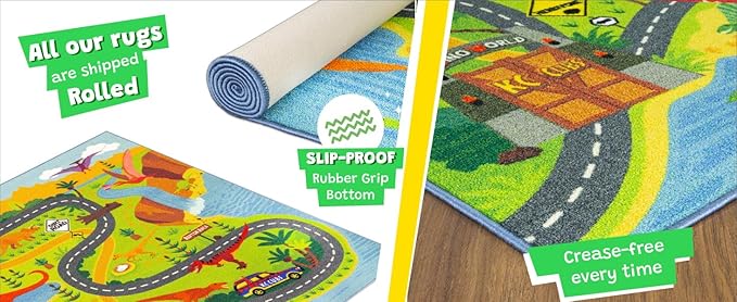 KC Cubs 8x10 Dinosaur Toy Car Dino Road Rug – Educational Play Mat Carpet for Kids, Toddlers, Nursery, Classroom, Playroom, Baby Daycare, Boys & Girls-BubblyBeeBaby