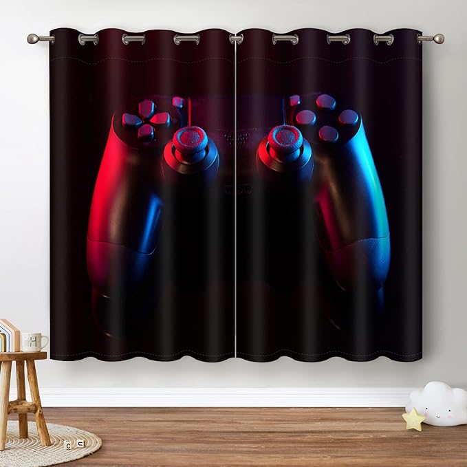 Jekeno Game Controller Blackout Curtains for Kids Boys Teens Bedroom Colorful Video Game Gamer Gaming Gamepad Decor for Home Living Room Grommet Window Drapes 2 Panel Set, 42"x54"-BubblyBeeBaby