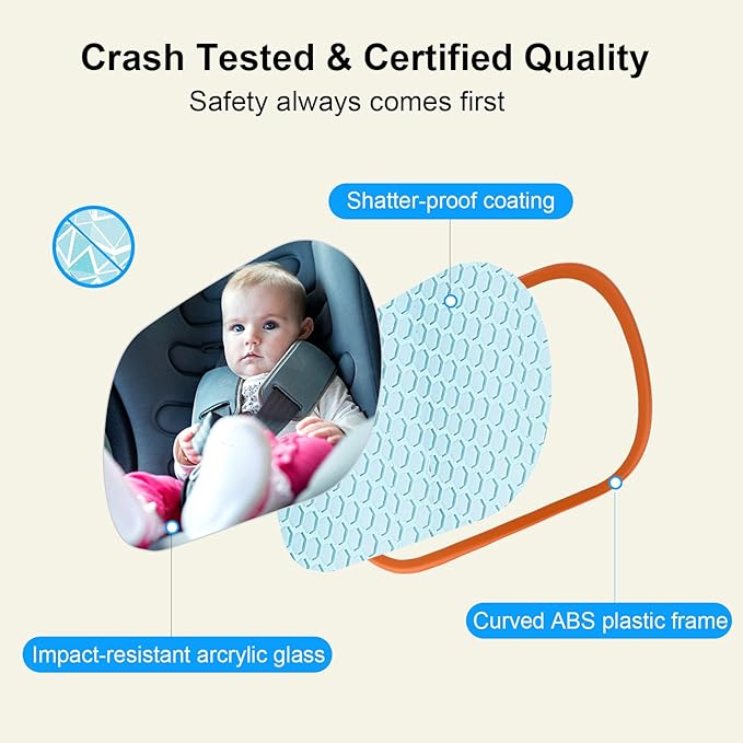 Baby Car Mirror, Safety Car Seat Mirror for Rear Facing Infant, Clear Wide View, 360°Rotation, Easily Observe the Baby Move, Secure, Shatterproof, Crash Tested and Certified(Orange)-BubblyBeeBaby