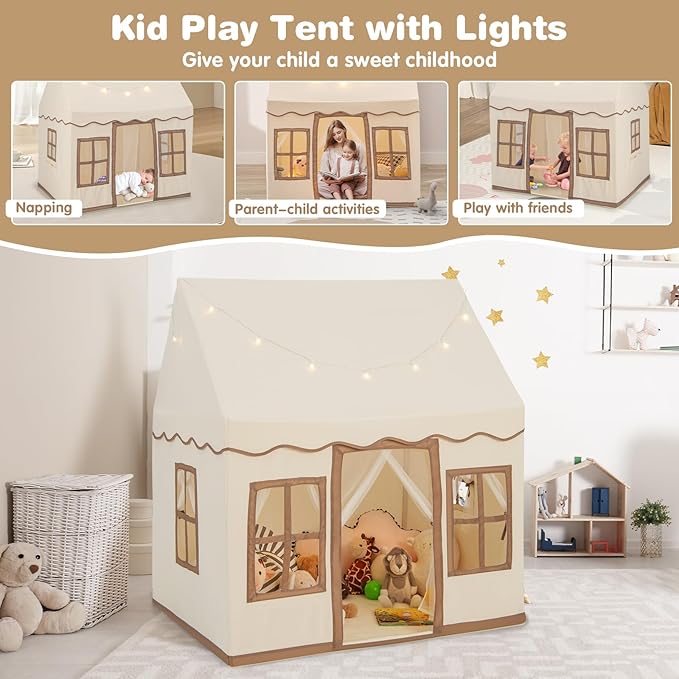 INFANS Kids Play Tent with Washable Mat Star Light Windows, Anti-Trip Large Playhouse Toys for Children Boys Girls, Indoor Outdoor Princess Tents Castle for Toddlers (Beige)-BubblyBeeBaby