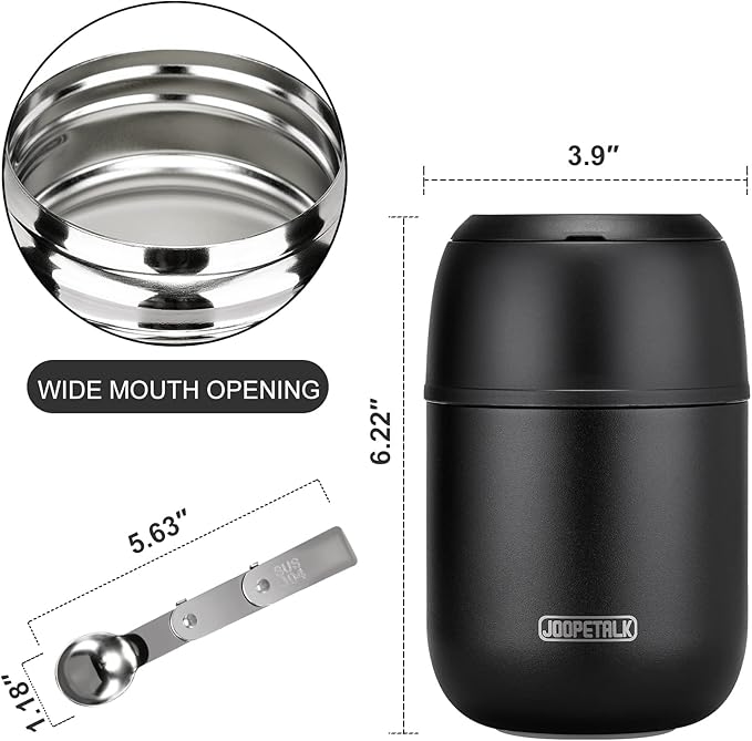 17 oz Insulated Lunch Containers, Black, Vacuum Stainless Steel Thermo Lunch Box with Handle and Folding Spoon for School, Office, Travel-BubblyBeeBaby