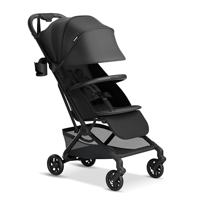 Mompush Velo Lightweight Travel Stroller – One-Hand Fold, Ultra-Compact & Airplane Friendly, Lie-Flat Recline Seat (from Birth to 50 lbs), Includes Cup Holder, Shoulder Strap, and Leather Bumper Bar-BubblyBeeBaby