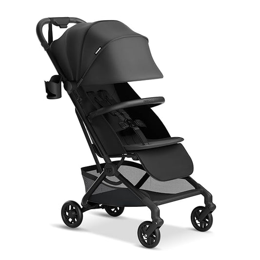 Mompush Velo Lightweight Travel Stroller – One-Hand Fold, Ultra-Compact & Airplane Friendly, Lie-Flat Recline Seat (from Birth to 50 lbs), Includes Cup Holder, Shoulder Strap, and Leather Bumper Bar-BubblyBeeBaby