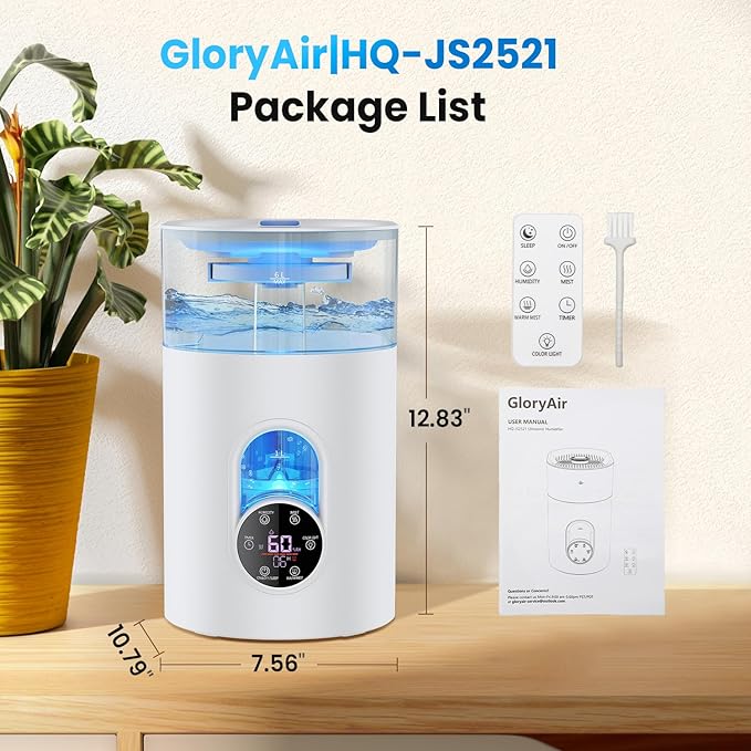 Humidifiers for Bedroom Large Room Home - GloryAir 6L Quiet Top Fill Cool & Warm Mist Humidifier with Smart Humidity Control, Remote Control, 7-Color Light, Humidistat, Oil Diffuser for Plants & Baby-BubblyBeeBaby