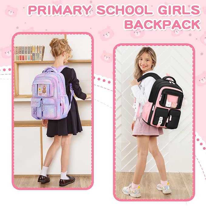 Kids Backpack for Girls School Bags for Middle School Students Book Bag for Elementary Primary Kawaii Ita Backpack, Black and Pink-BubblyBeeBaby