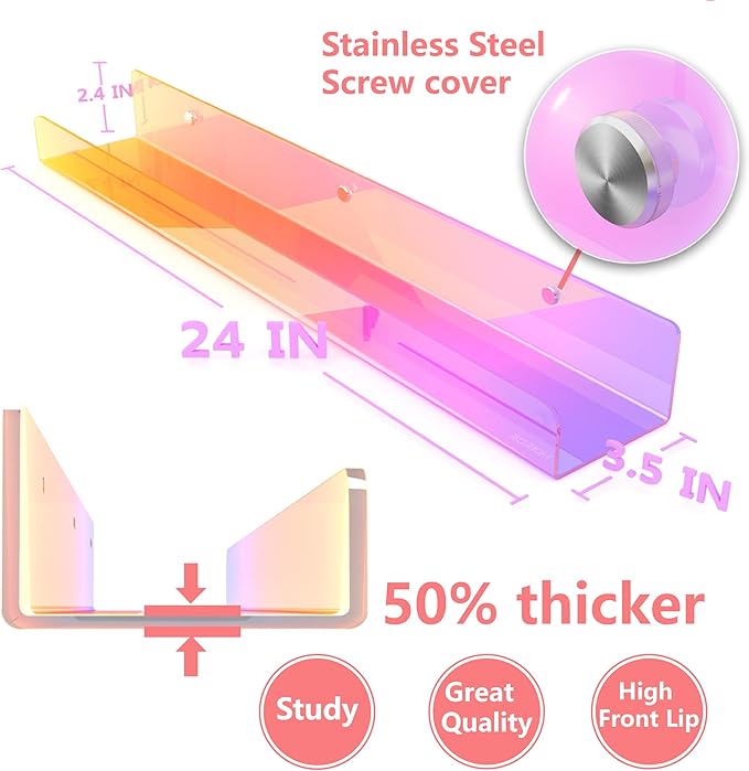 24 inches Iridescent Acrylic Bookshelf, Wall Mounted Display for Kids Room, Nursery, Toddler, Classroom (2 Packs)-BubblyBeeBaby