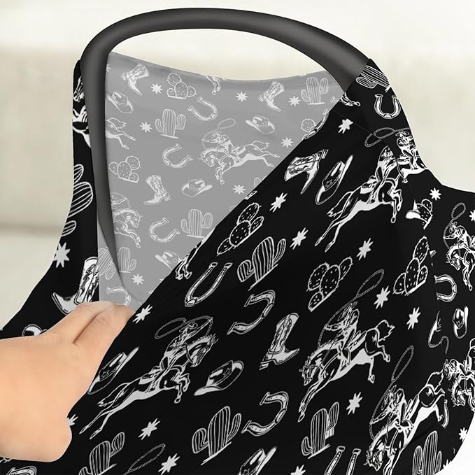 Country Western Car Seat Cover for Baby Cowboy Hat Boots Horse Cactus Stretchy 5-in-1 Covers Adjustable Car Canopy Breastfeeding Cover Wild West Desert Breathable Nursing Cover-Up-BubblyBeeBaby