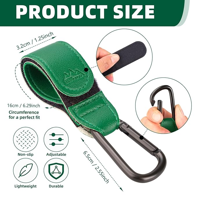Baby Stroller Hooks Bag Hooks for Hanging Diaper Bags Multipurpose Hooks for Grocery Shopping Bags Premium Vegan Leather Pram Straps 2 Pcs (Green)-BubblyBeeBaby