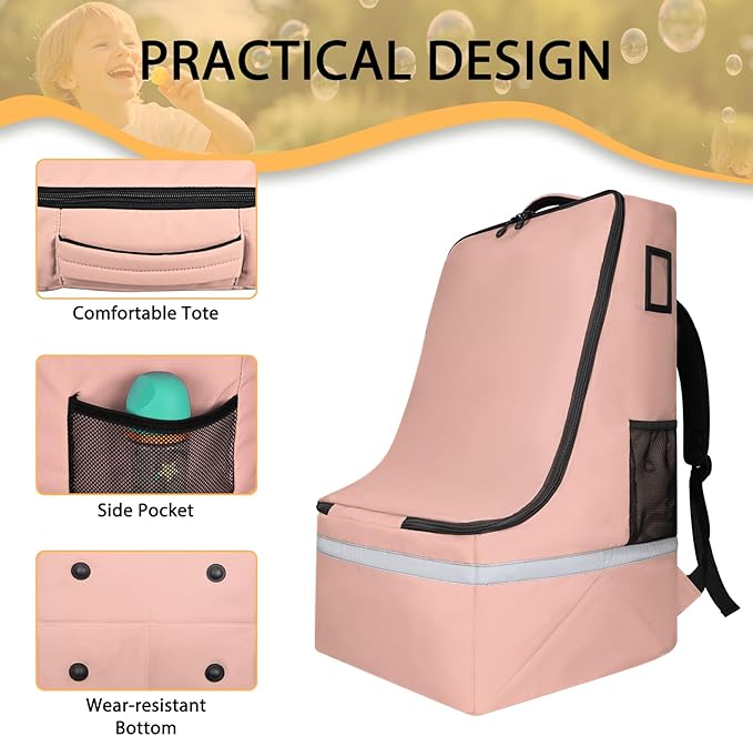 Car Seat Travel Bag for Airplane,Infant Seat Travel Bag with Shoulder Strap,Padded Car Seats Backpack with Reflective Stripes,Large Carseat Carrier Bag Travel Car Seat Cover,Flesh Pink-BubblyBeeBaby