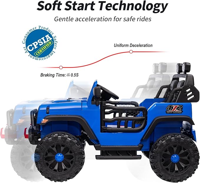 2 Seater Ride on Car Truck, 12V Kids Electric Ride on Toy for Big Kids Age 3-8 w/Remote Control- Blue-BubblyBeeBaby