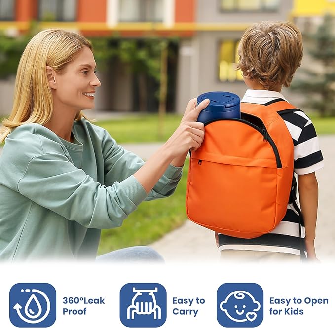 14oz Insulated Vacuum Food Jar with Buckle Lid,Soup Thermo for Hot Food Kids,Wide Mouth Leakproof Stainless Steel Lunch Container with Spoon-Blue-BubblyBeeBaby