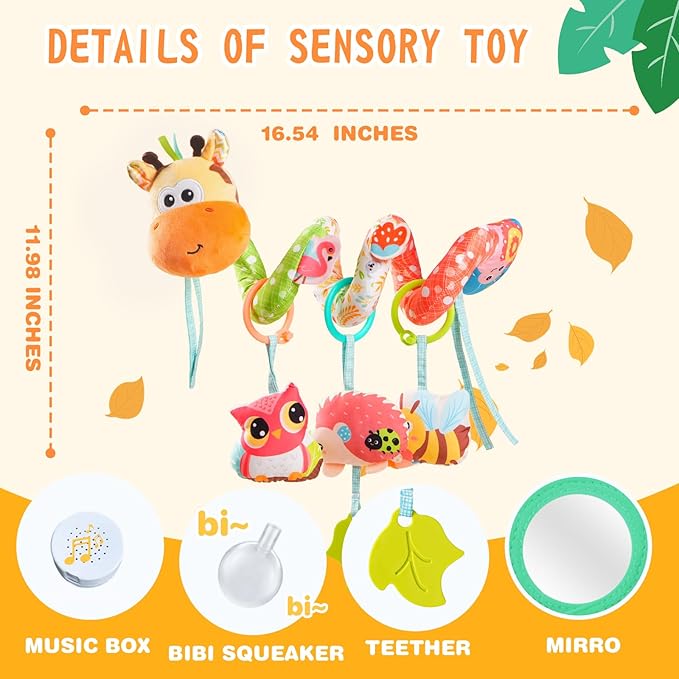 Jollybaby Crib Stroller Car Seat Toys for Baby 0-3-6-9-12 Months, Tummy Time Hanging Sensory Toys for Newborn with Music Box and Teether, Spiral Carseat Toy for Infant Boys Girls Gifts (Yellow)-BubblyBeeBaby