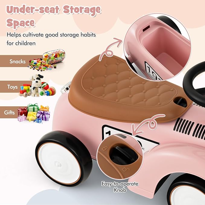 HONEY JOY Ride On Push Car, Outdoor Toddler Riding Toys w/Steering Wheel, Horn & Storage, Foot-to-Floor Sliding Car, No Batteries, Retro Baby Ride On Toys for Boys and Girls (Pink)-BubblyBeeBaby