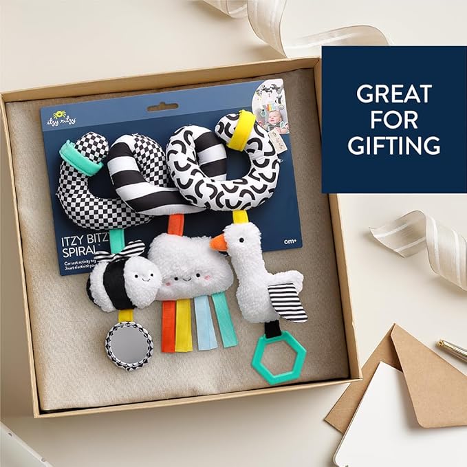 Itzy Ritzy Spiral Car Seat & Stroller Activity Toy - Stroller & Car Seat Toys for Ages 0 Months and Up - Hanging Toys Include Dangling Ring, Mirror and Textured Ribbons (High Contrast)-BubblyBeeBaby