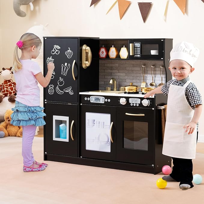 HONEY JOY Kids Kitchen Playset, Wooden Little Chef Pretend Toy Kitchen Set w/Chalkboard, Telephone, Utensils, Oven, Microwave, Sink, Storage, Play Kitchen for Toddlers Boys Girls, Black-BubblyBeeBaby