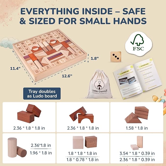 Hexagon Montessori Wooden Building Blocks – 86 Pieces FSC-Certified Beech | Alphabet & Number Blocks with Board Game, Storage Bag & 15-Challenge Guide | Stacking Toy for Kids Ages 3+-BubblyBeeBaby