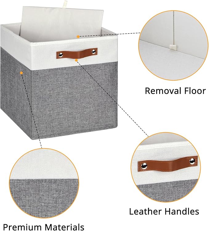 HNZIGE Fabric Storage Cubes 12x12 Cube Storage Bins, Set of 4, Decorative Cube Organizers Bins for Shelves with Handles,Foldable Bins for Cube Organizer Home Toy Nursery Closet(White Gray)-BubblyBeeBaby