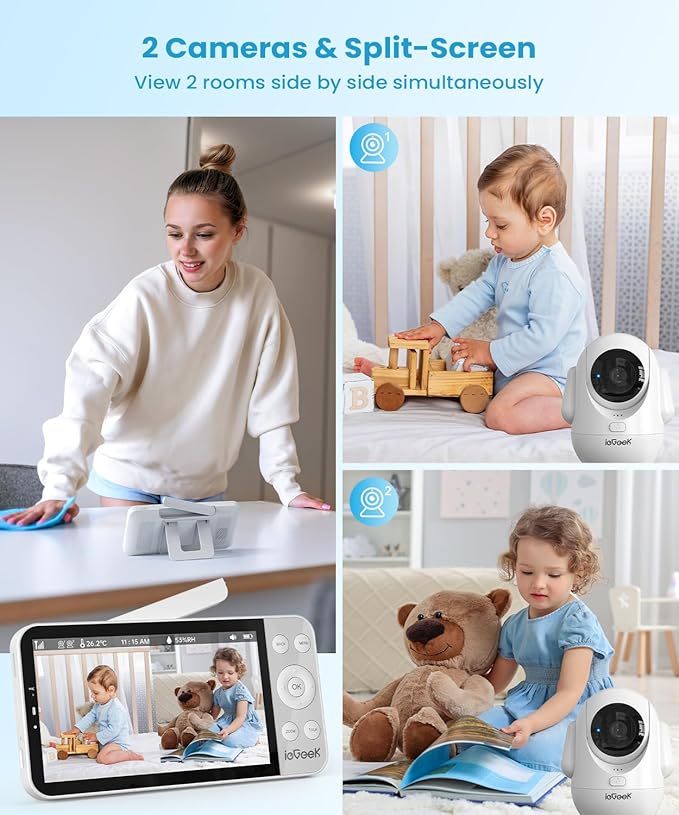 ieGeek 5.5’’ Split-Screen Baby Monitor,2.5K UHD Baby Monitor with 2 Cameras and Audio,Night Light,Prone Sleeping&Cry Detection,Two-Way Talk,Night Vision,2.4G&5Ghz WiFi App Control,4000mAh Battery-BubblyBeeBaby