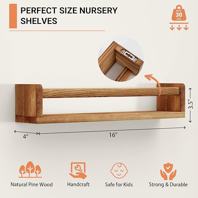 Heimlove Nursery Floating Shelves, Nursery Book Shelves for Wall, 16 inch Wall Bookshelf for Kids Solid Wood Wall Mounted Shelves for Books,Toys and Decor Storage, Set of 2-BubblyBeeBaby