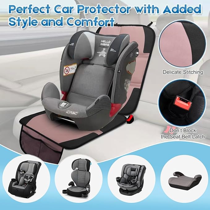 Car Seat Protector for Child, 2 Pack Baby Covers with Mesh Pockets & Non-Slip Backing 600D Durable Under Seat for Back (Rose Gold, Standard)-BubblyBeeBaby
