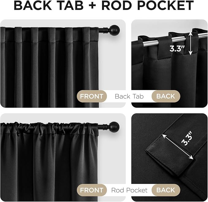 Joydeco 90 Inch Blackout Curtains for Bedroom, Thermal Insulated Black Out Curtains 2 Panels Set, Room Darkening Drapes for Living Room Window Rod Pocket Back Tab (W52 x L90 Inch, Black)-BubblyBeeBaby