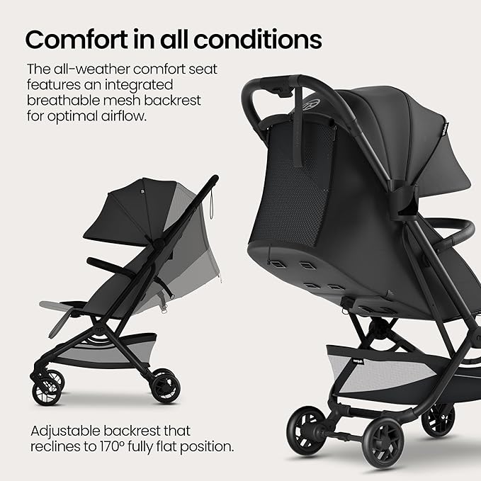 Mompush Velo Lightweight Travel Stroller – One-Hand Fold, Ultra-Compact & Airplane Friendly, Lie-Flat Recline Seat (from Birth to 50 lbs), Includes Cup Holder, Shoulder Strap, and Leather Bumper Bar-BubblyBeeBaby