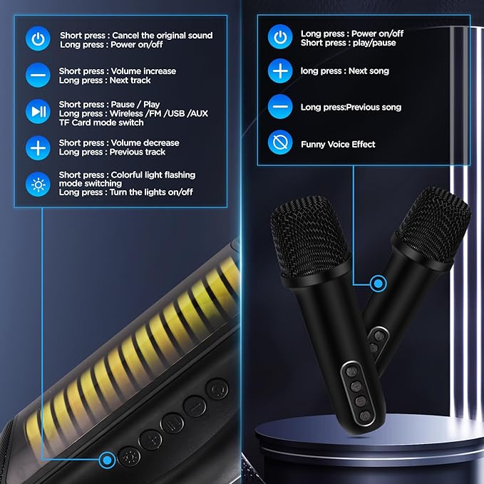 Karaoke Machine Portable Bluetooth Speaker with 2 Wireless Microphones Rechargeable Karaoke Machine for Kid and Adult Party PA Speaker Multiple LED Light Mode Support TWS/Radio/AUX/REC-BubblyBeeBaby