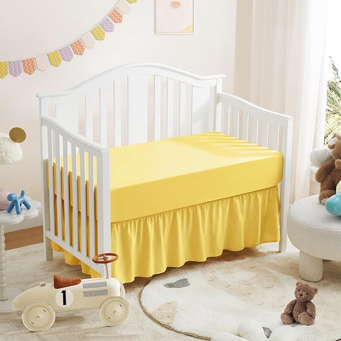 Horbaunal 2 Pack Set Crib Skirt & Crib Bed Sheet, Yellow Crib Bed Skirt 28" x 52" with 14" Drop Dust Ruffle, Soft Microfiber Toddler Bedskirt Nursery Bedding Skirt for Baby Girls and Boys-BubblyBeeBaby