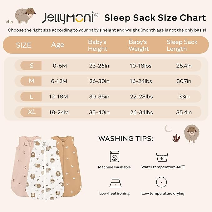 JELLYMONI Baby Sleep Sack 18-24 Months, 100% Cotton 3 Pack 0.5 TOG Baby Wearable Blanket Infant Sleep Sack with 2-Way Zipper Newborn Sleep Sacks-BubblyBeeBaby